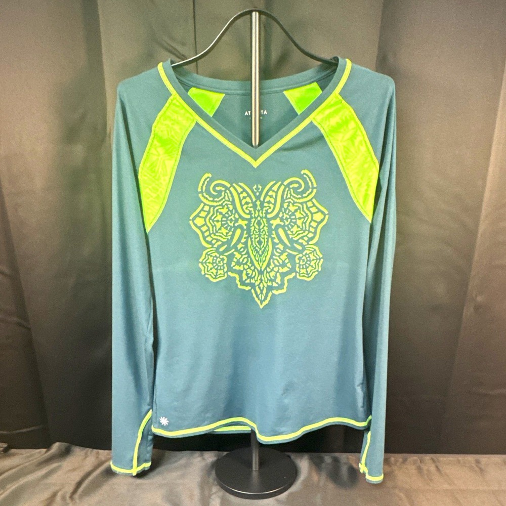 Athleta Women's Momentum Blue/Green Graphic V-Neck Raglan LS Top L (1250)